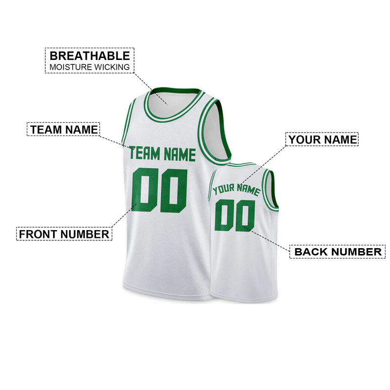Custom White Green Round Neck Rib-Knit Basketball Jersey