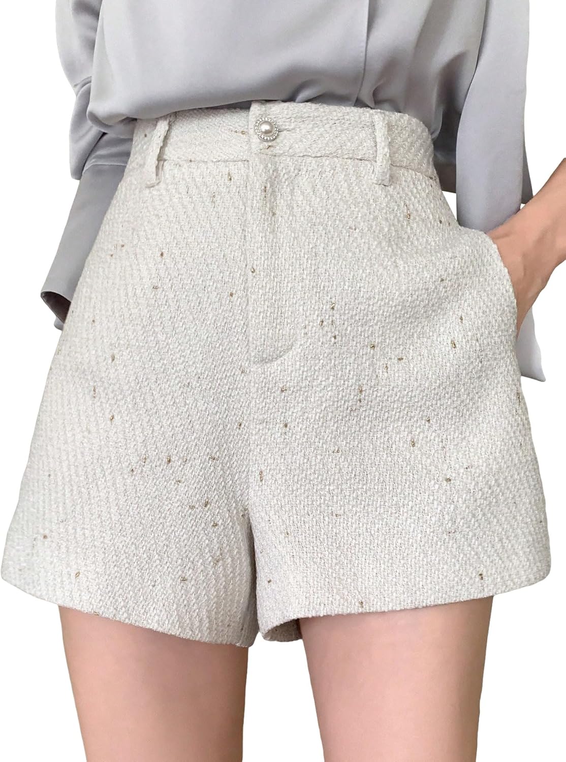 Women's High Waisted Dressy Trouser Shorts Wide Leg Zip Up Bermuda Tweed Shorts