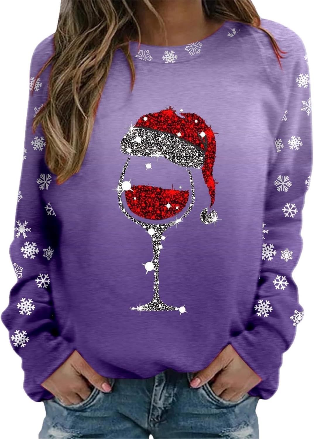 Rhinestone Christmas Sweatshirts for Women Long Sleeve Crewneck Party Shirts Red Wine Glass Print Cute Xmas Tops
