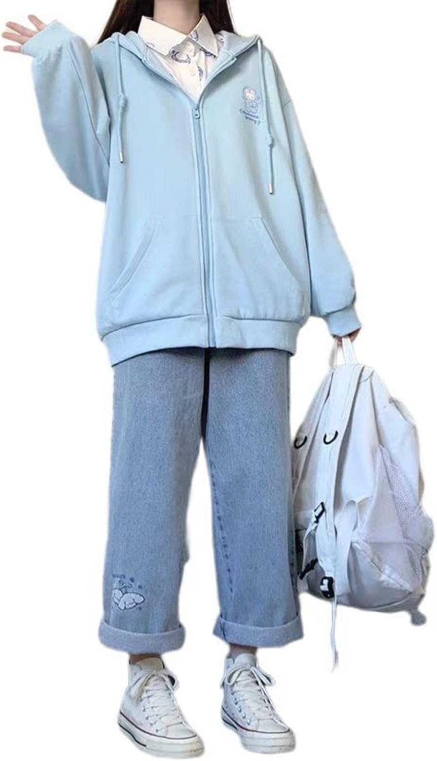 Women's Japanese Loose Kawaii Zip Hoodie Girls Sweet Preppy Jacket Top