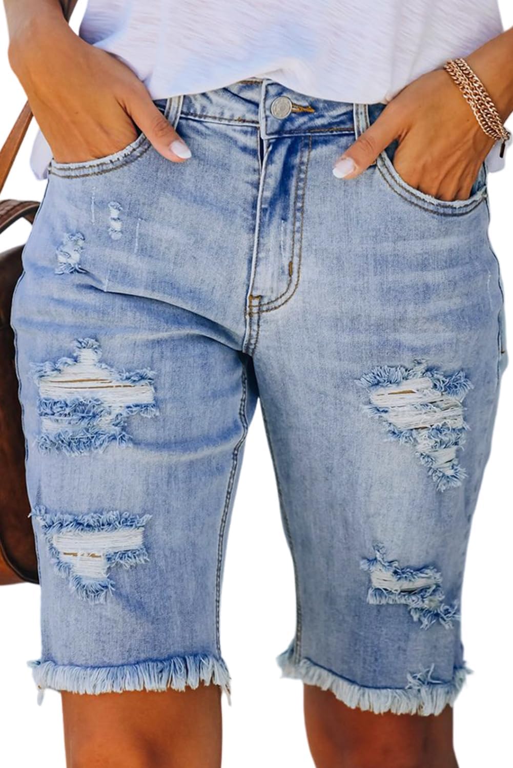 Denim Shorts for Women Casual Distressed Denim Bermuda Shorts Solid Raw Hem Cut-Out Natural Daily Ripped Shorts