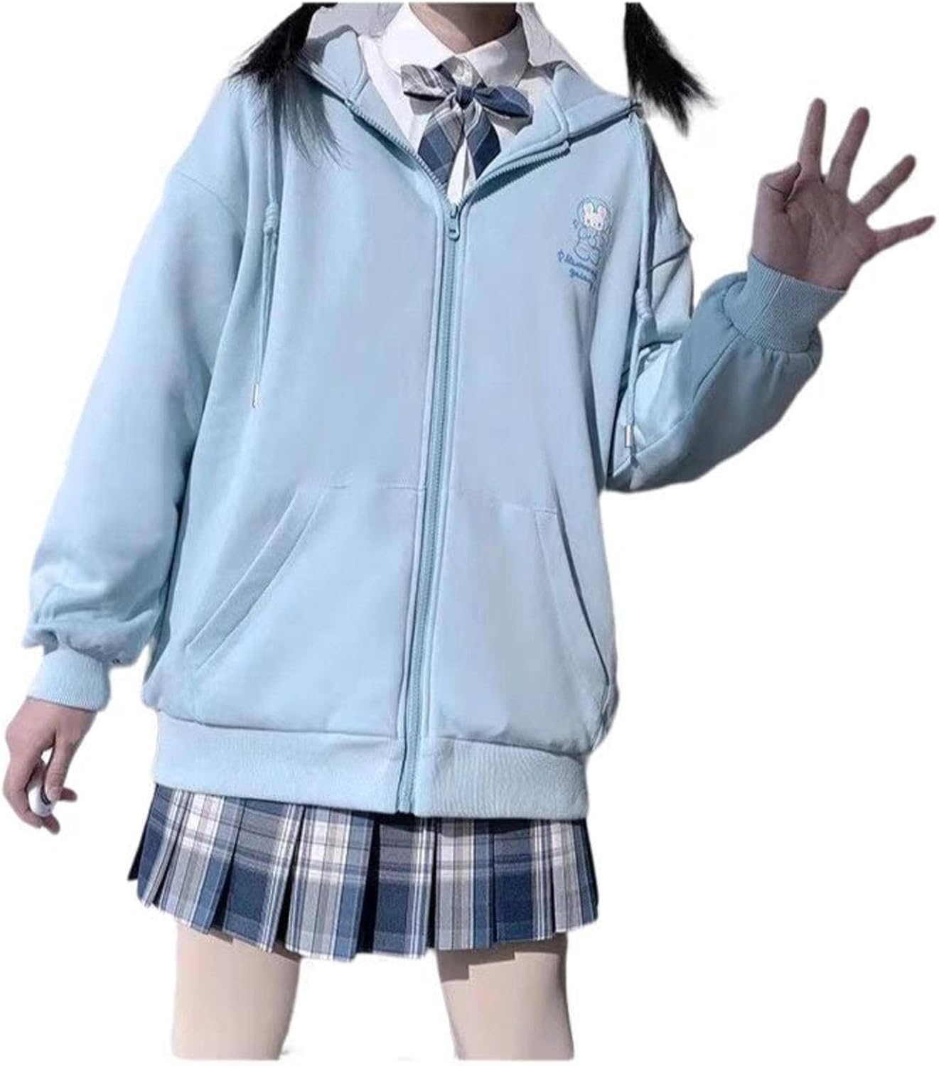 Women's Japanese Loose Kawaii Zip Hoodie Girls Sweet Preppy Jacket Top